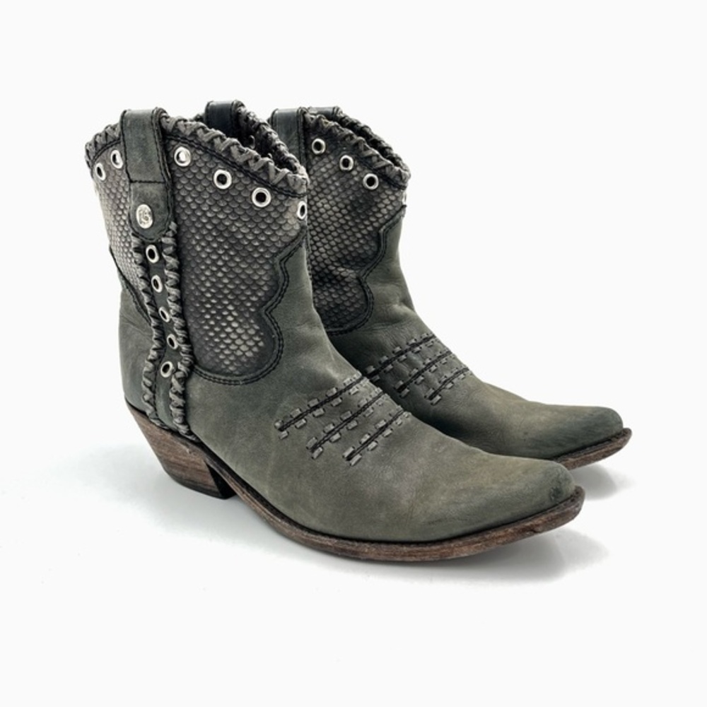 Liberty Black Grey Leather with Grommets and Snakeskin Detail Boots Size 9.5